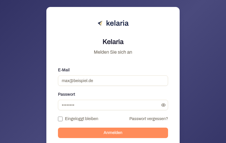 Die Kelaria-Anmeldeseite mit E-Mail- und Passwort-Feld