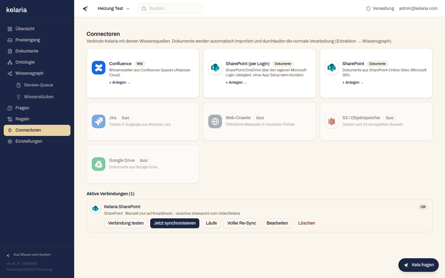 Die Connector-Galerie mit Kacheln für Confluence und SharePoint sowie den aktiven Verbindungen