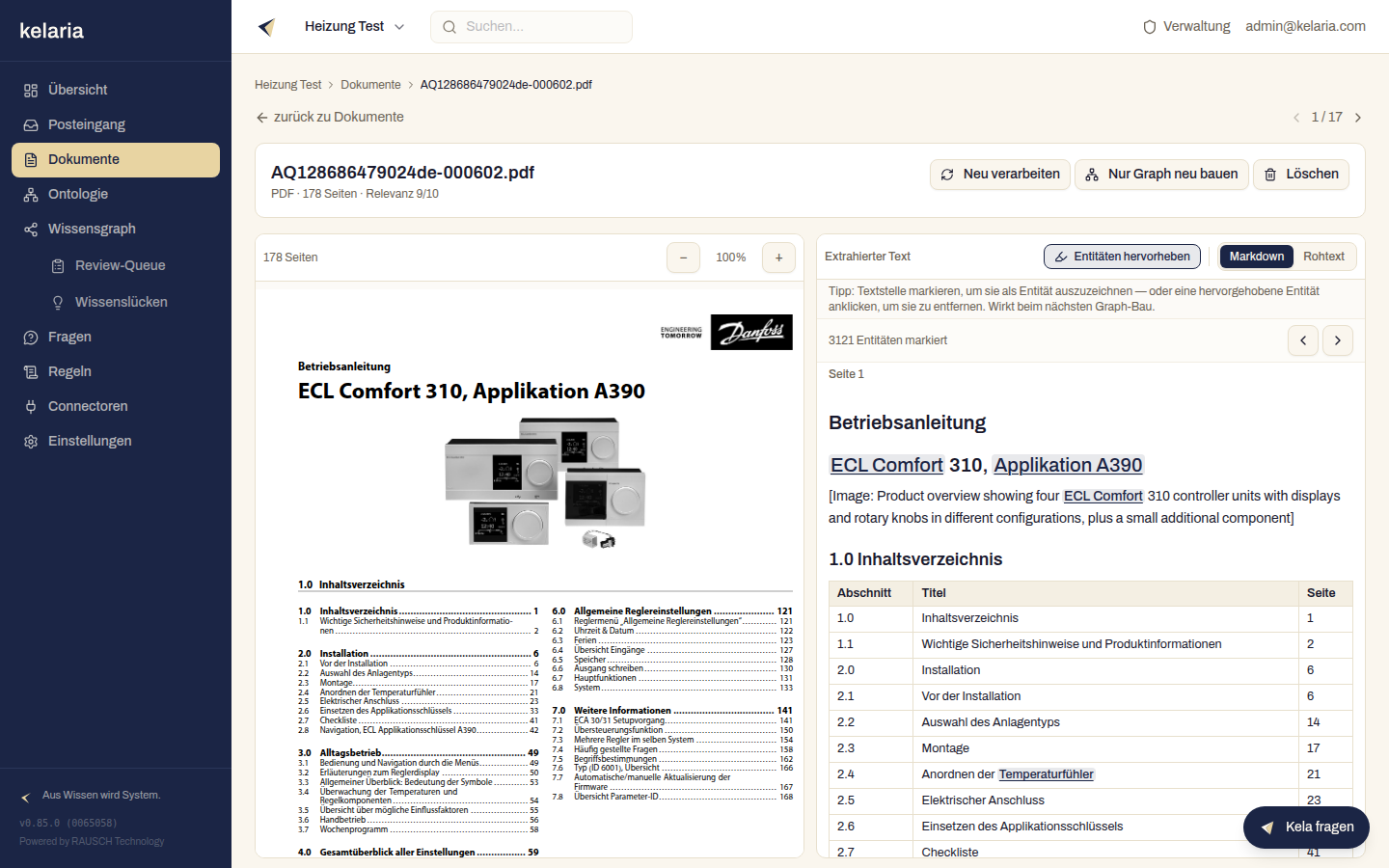 Dokument-Detail als Split-Ansicht: links die PDF-Seite, rechts der extrahierte Text mit hervorgehobenen Entitäten