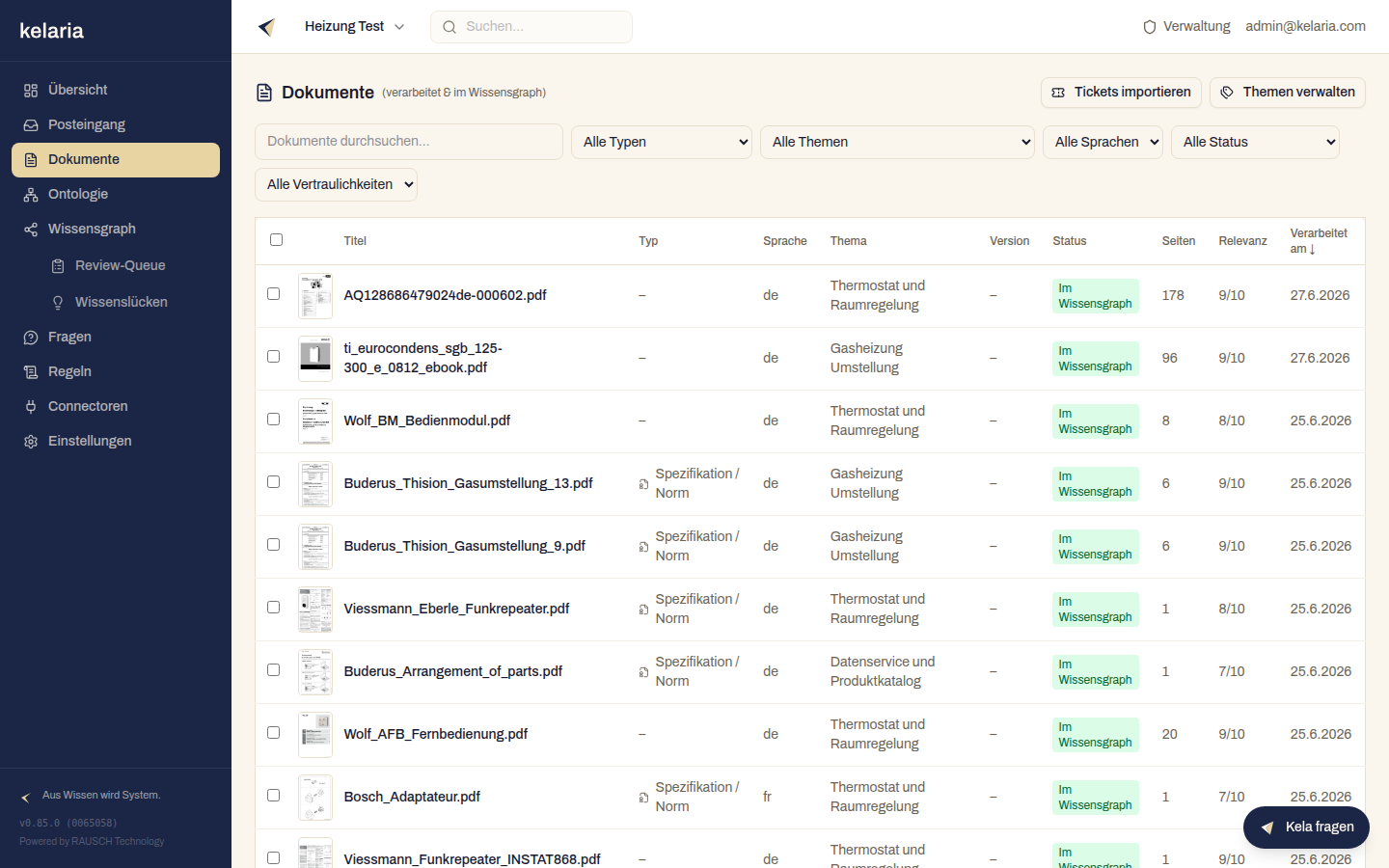 Die Dokumente-Bibliothek mit Seiten-Thumbnails und Filtern nach Typ, Thema, Sprache und Status