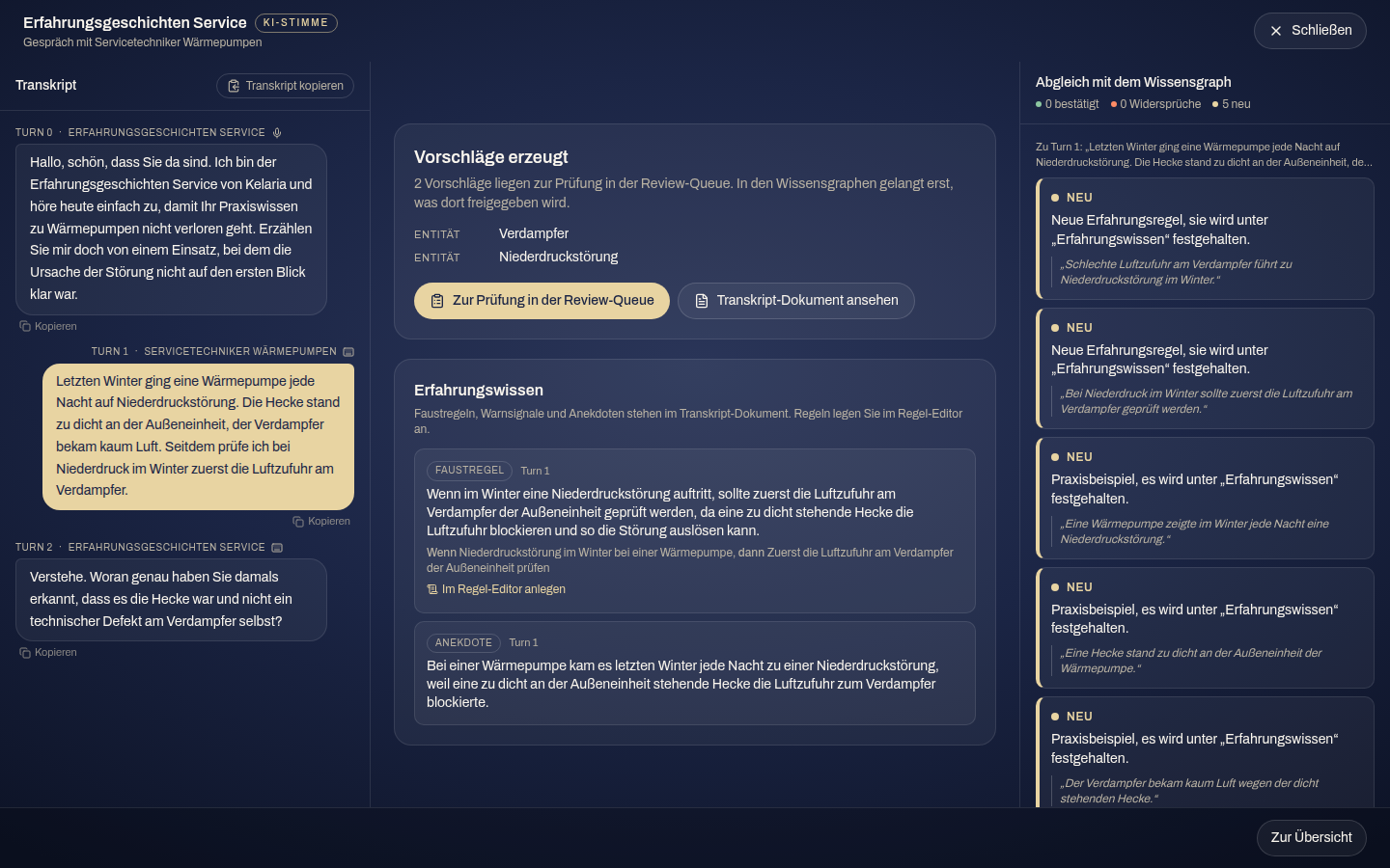 Das Ergebnis nach „Vorschläge erzeugen“: Anzahl und Liste der Vorschläge, Erfahrungswissen und der Knopf zur Review-Queue