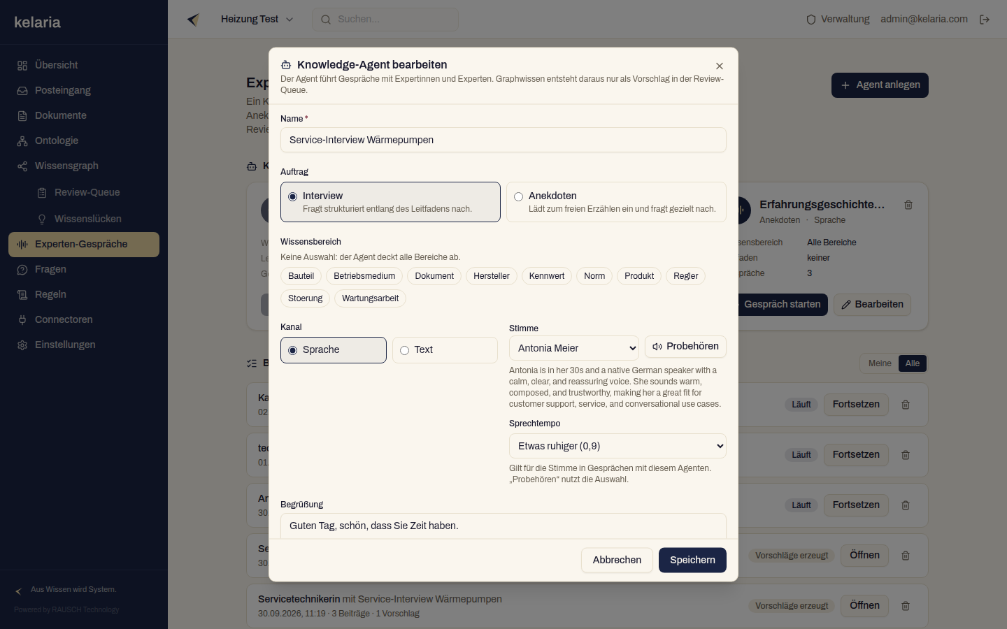 Der Dialog „Knowledge-Agent bearbeiten“: Name, Auftrag, Wissensbereich, Kanal, Stimme mit Probehören und Sprechtempo