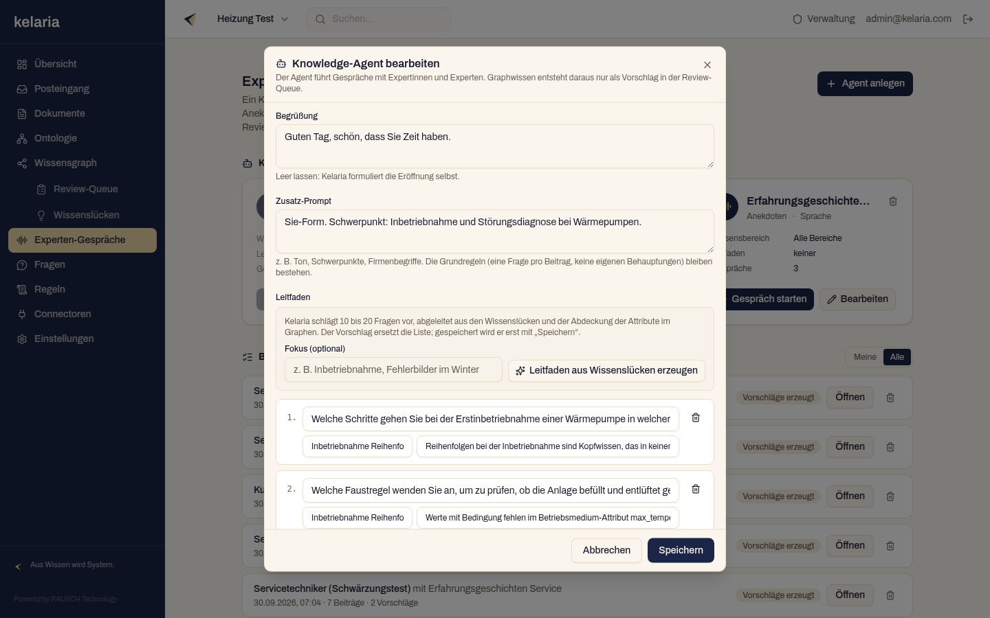 Der untere Teil des Dialogs „Knowledge-Agent bearbeiten“: Begrüßung, Zusatz-Prompt und der Leitfaden mit Fokus, Knopf „Leitfaden aus Wissenslücken erzeugen“ und Fragen mit Thema und Begründung