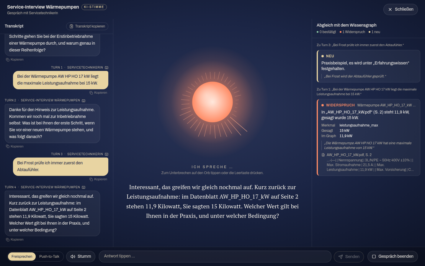 Die Bühne mitten im Gespräch: Orb in der Phase „Ich spreche …“, links das Transkript, rechts der Abgleich mit einem Widerspruch und einem neuen Befund