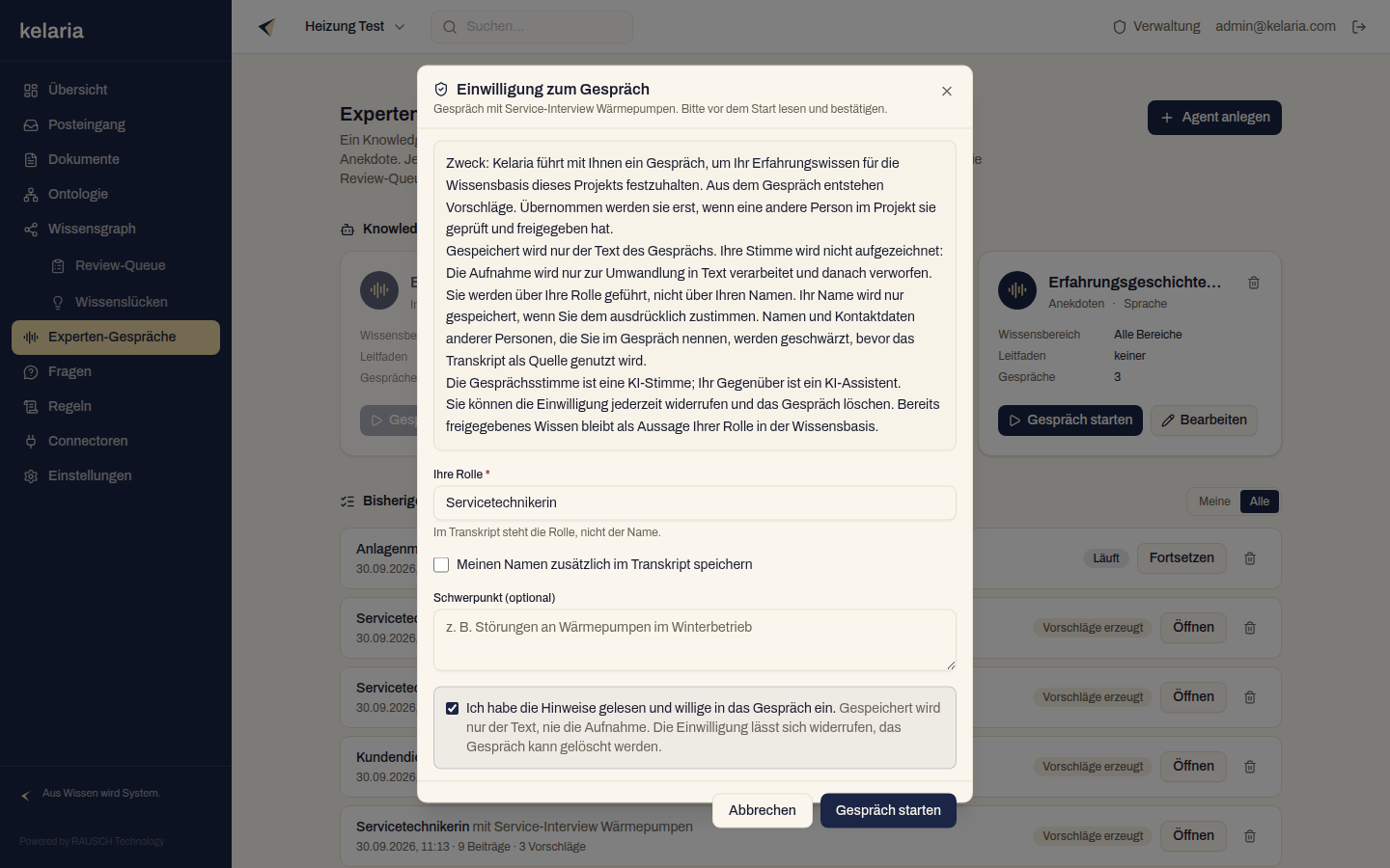 Der Einwilligungs-Dialog mit Hinweistext, Rolle „Servicetechnikerin“ und gesetztem Häkchen zur Einwilligung