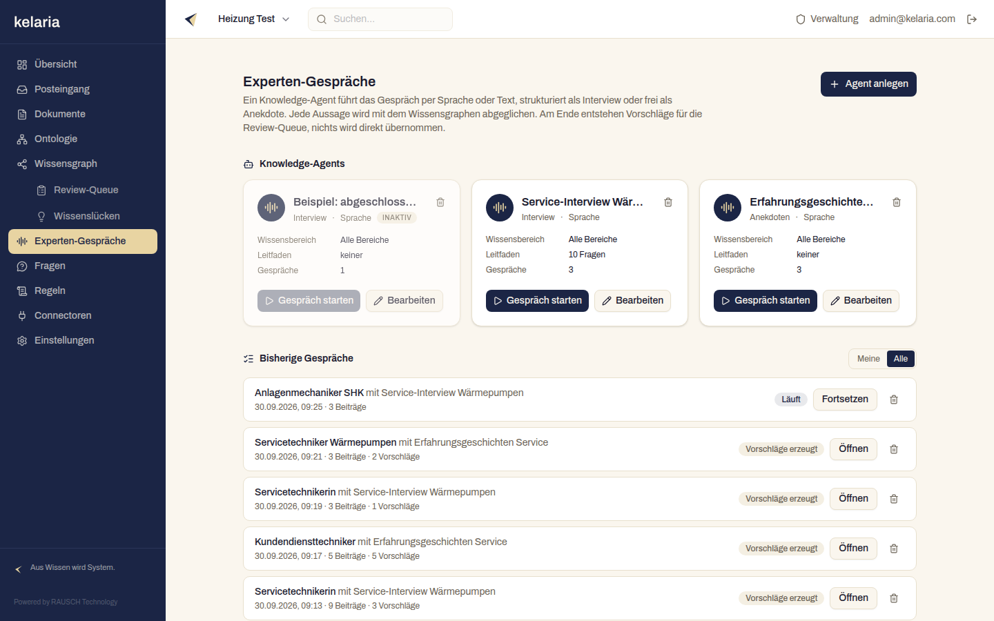 Die Seite „Experten-Gespräche“ mit den Karten der Knowledge-Agents (einer davon inaktiv) und der Liste der bisherigen Gespräche