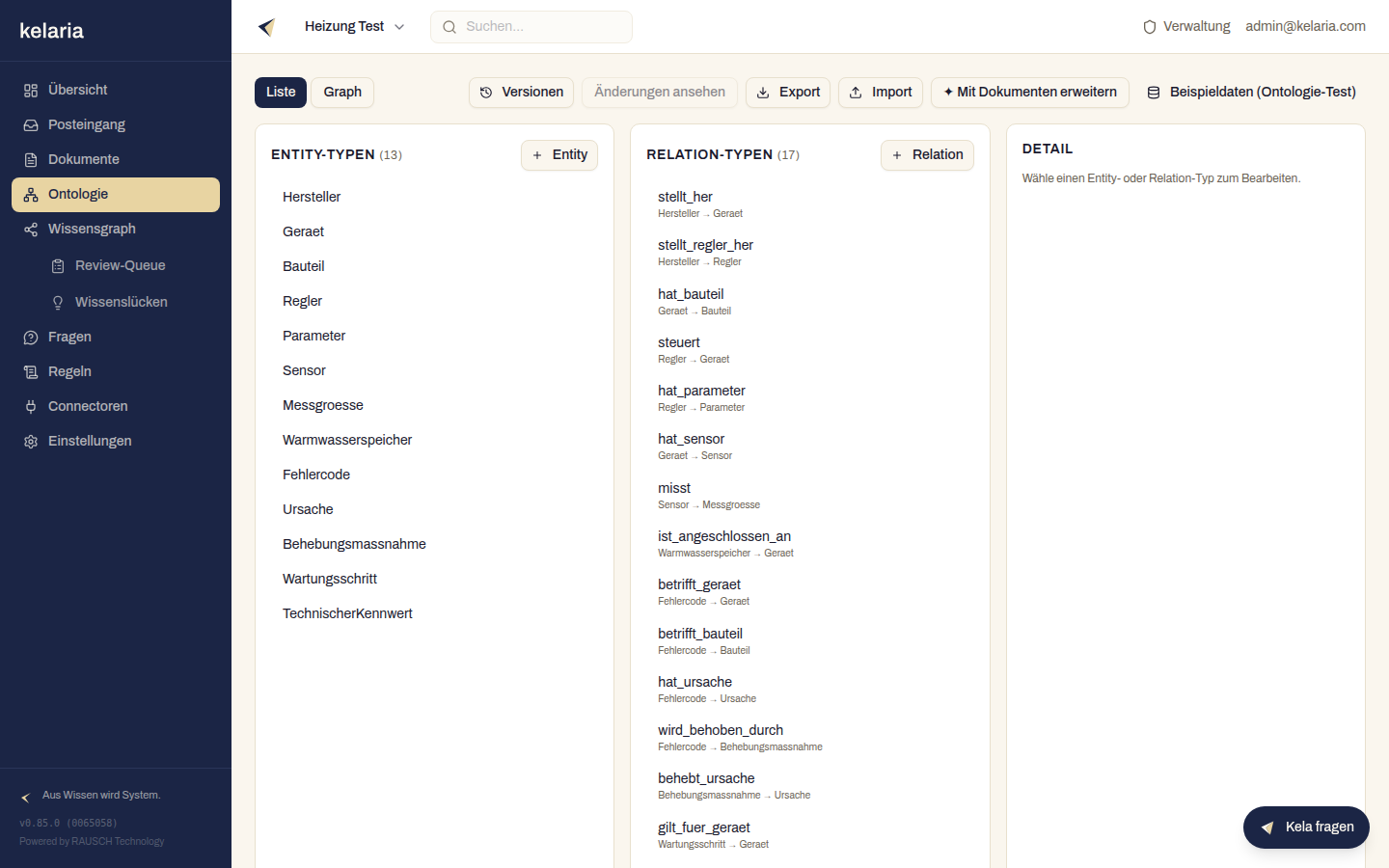Der Ontologie-Editor in der Listenansicht: Entity-Typen, Relation-Typen und Detail-Panel