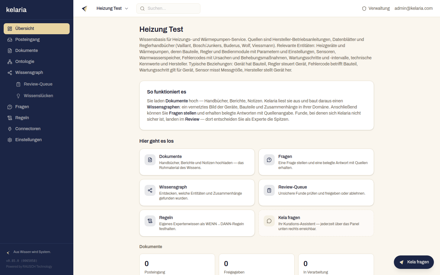 Die Projekt-Übersicht mit Beschreibung, linker Navigation und Dokument-Statistik