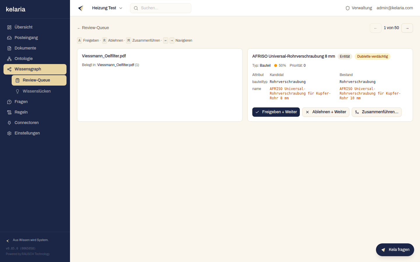 Die Review-Fokus-Seite: links der Beleg, rechts die Entscheidung mit Attribut-Diff und Shortcut-Leiste