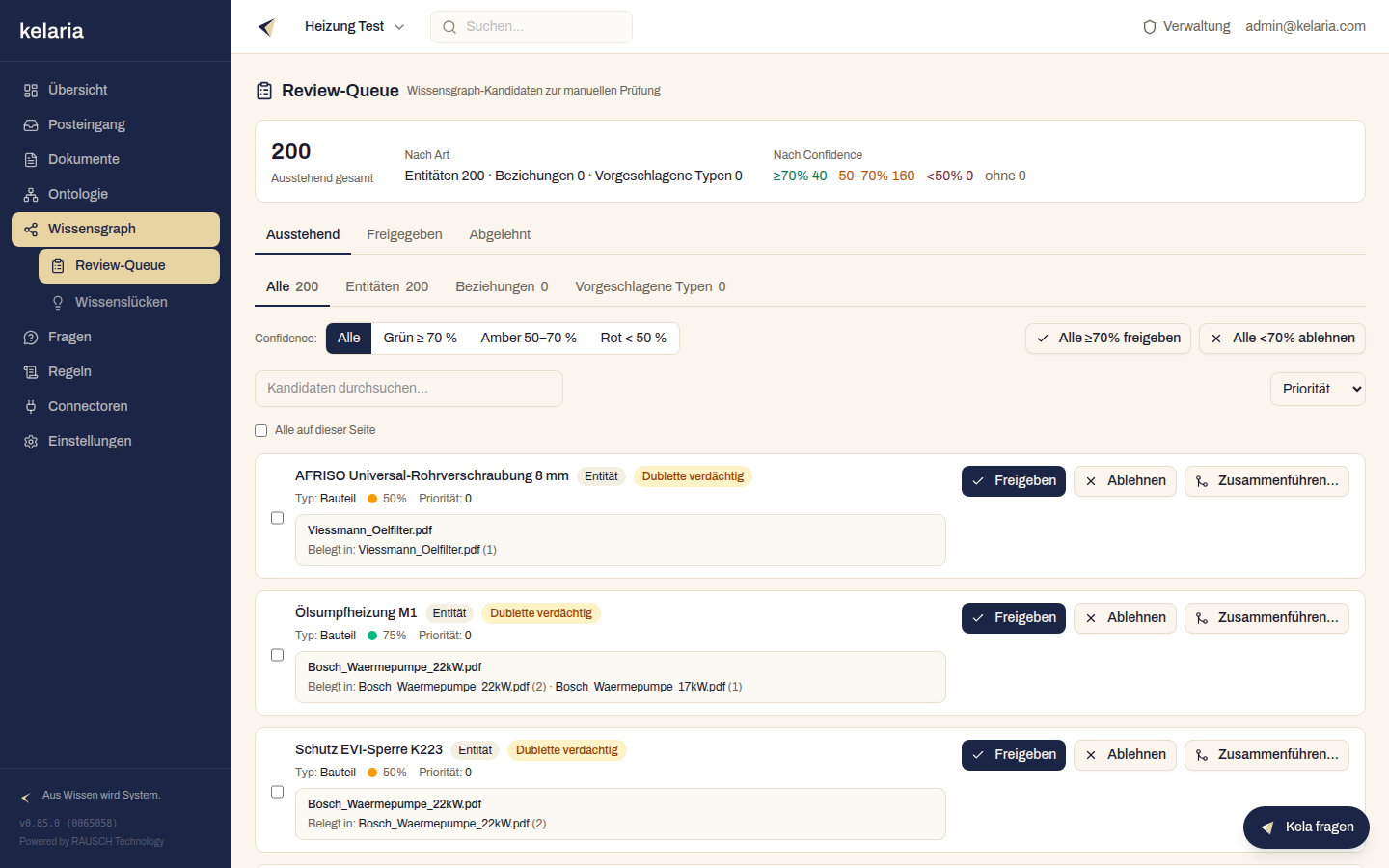 Die Review-Queue mit Queue-Gesundheit, Ampel-Filter und Bulk-Aktionen
