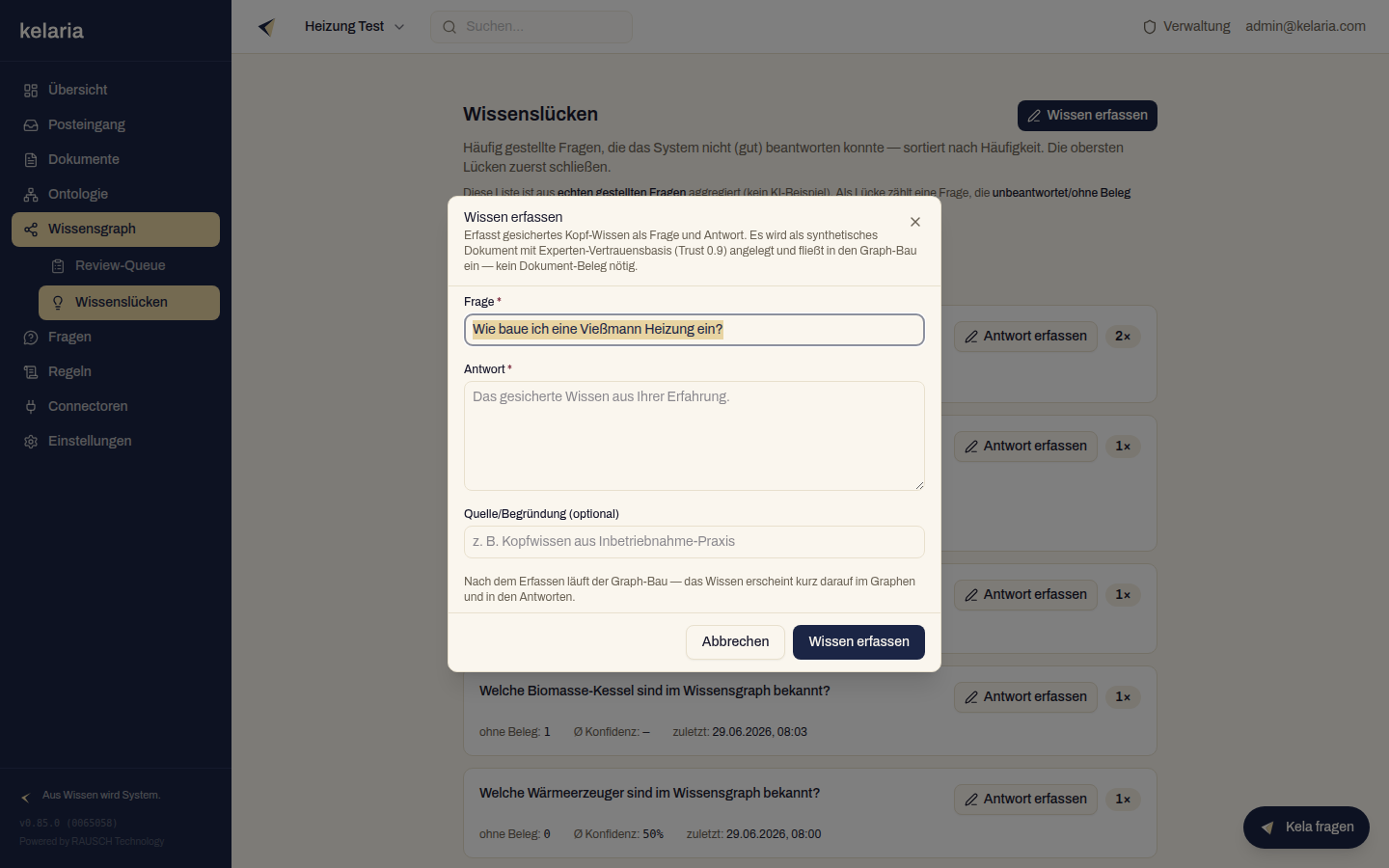 Der Dialog „Wissen erfassen" mit den Feldern Frage, Antwort und Quelle/Begründung