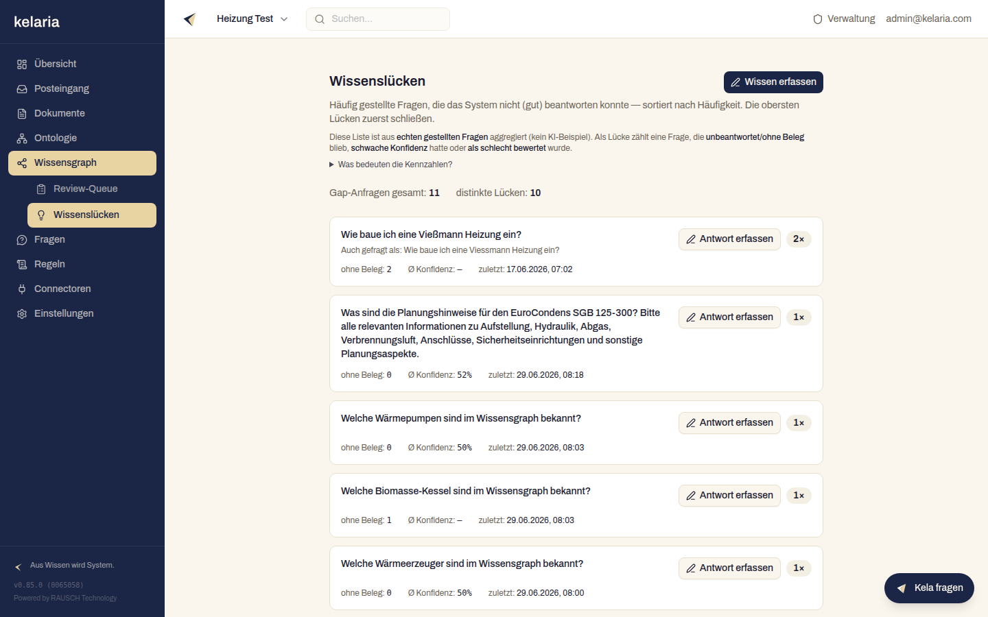 Die Wissenslücken-Seite mit aggregierten Fragen, Belegstatus und Konfidenz sowie dem Button „Wissen erfassen"
